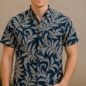 Tori Richard Hawaiian Camp Shirt Size Large Leaf Blue Button Up Short Sleeve